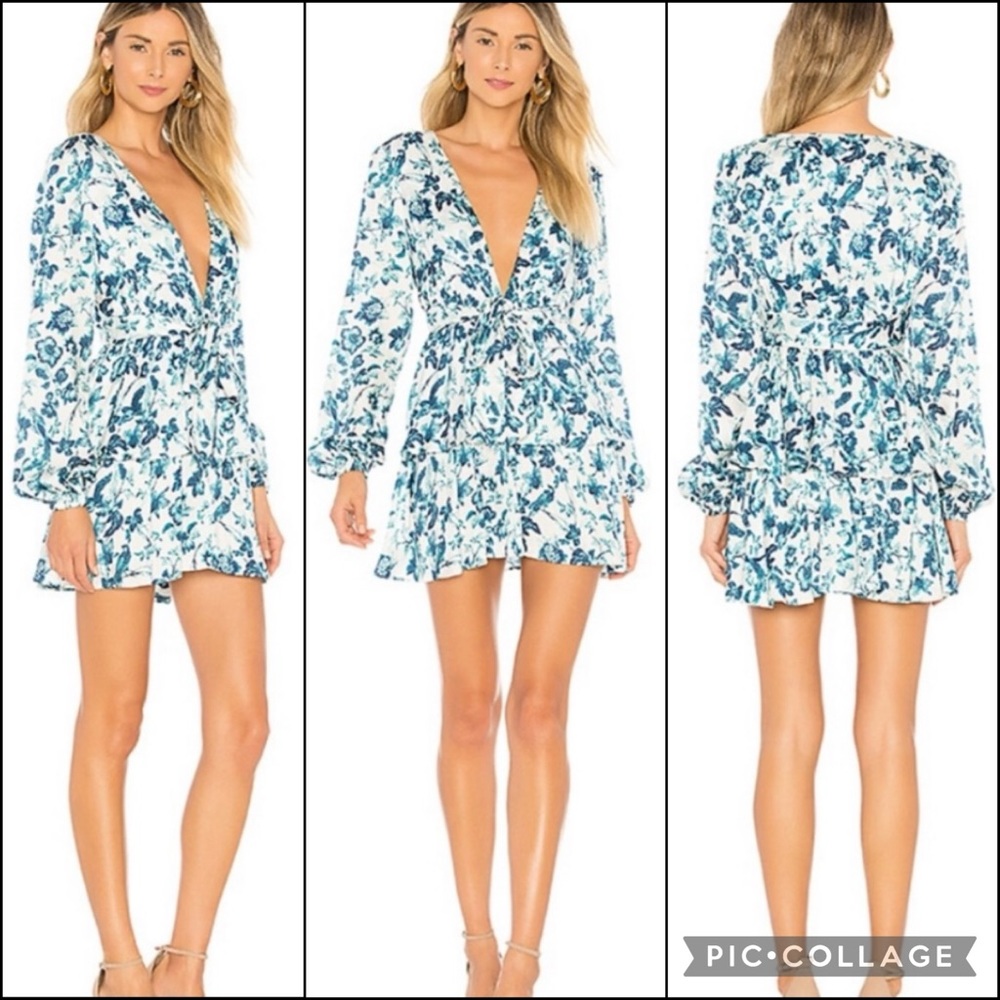 Majorelle Blue Floral Print Balloon Sleeve Plunge Tie Waist Ruffle Mini Dress